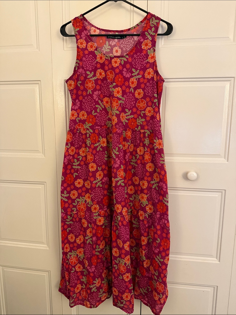 Gudrun Sjoden Sleeveless Floral Midi Dress in Fuchsia and Orange
